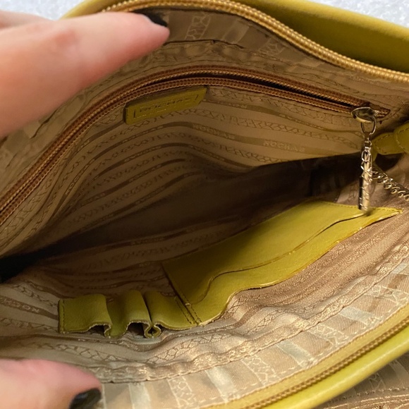 Rochas Paris Two Handle Purse Fabric & Leather 10" Tan / Green Phone Pouch - Picture 11 of 14